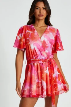 Quiz Pink Floral Metallic Wrap Playsuit New