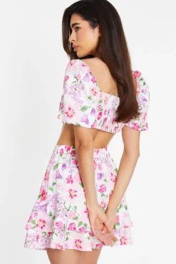 Quiz Pink Floral Puff Sleeve Crop Top Discount
