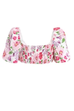 Quiz Pink Floral Puff Sleeve Crop Top Discount