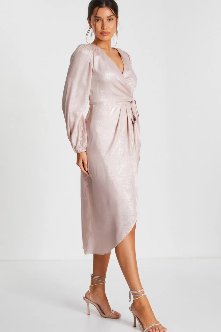 Quiz Pink Foil Wrap Midi Dress Hot