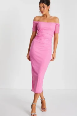 Quiz Pink Glitter Mesh Bardot Midaxi Dress Outlet
