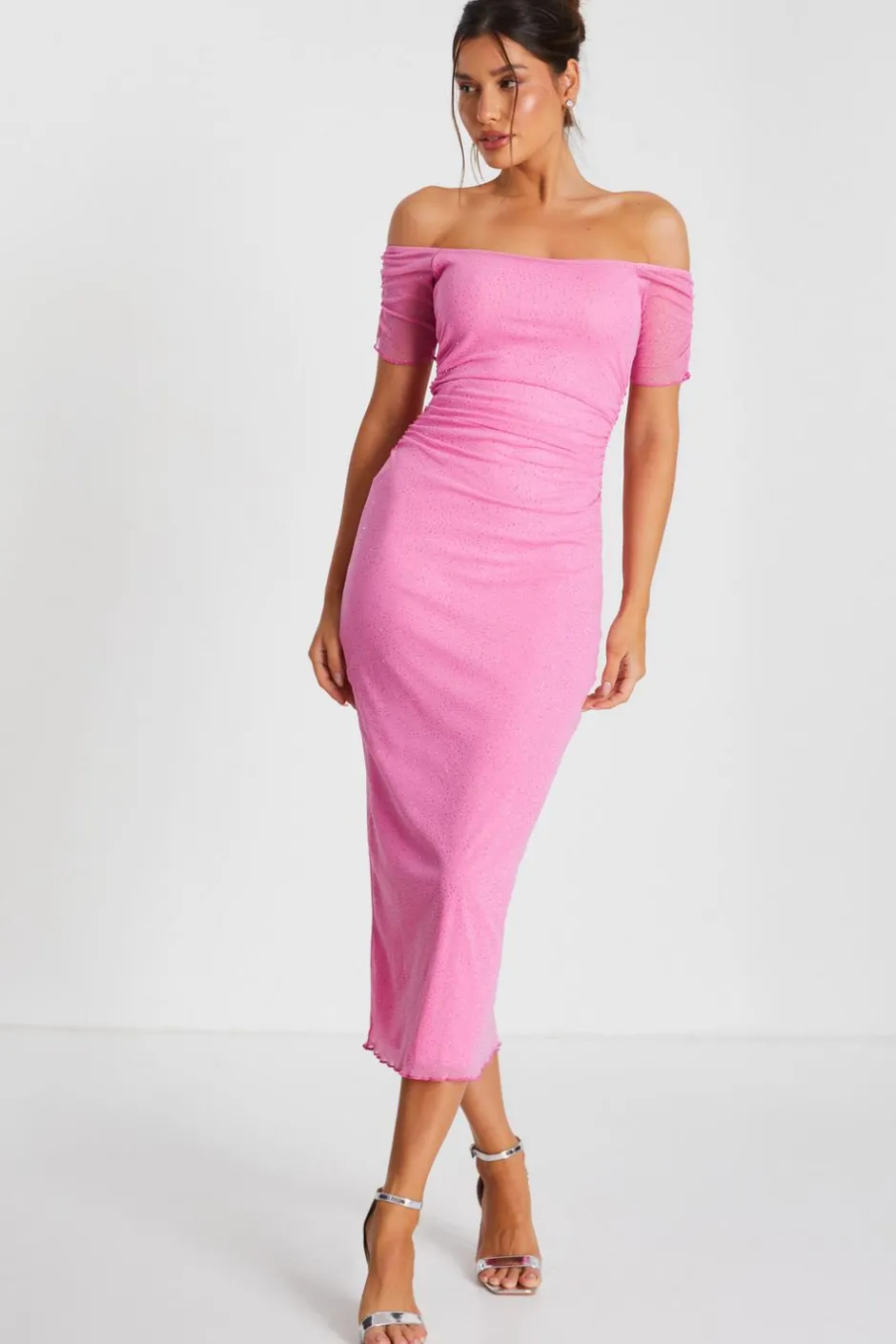 Quiz Pink Glitter Mesh Bardot Midaxi Dress Outlet