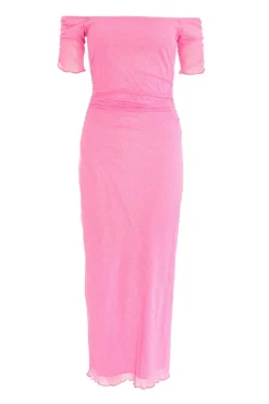 Quiz Pink Glitter Mesh Bardot Midaxi Dress Outlet