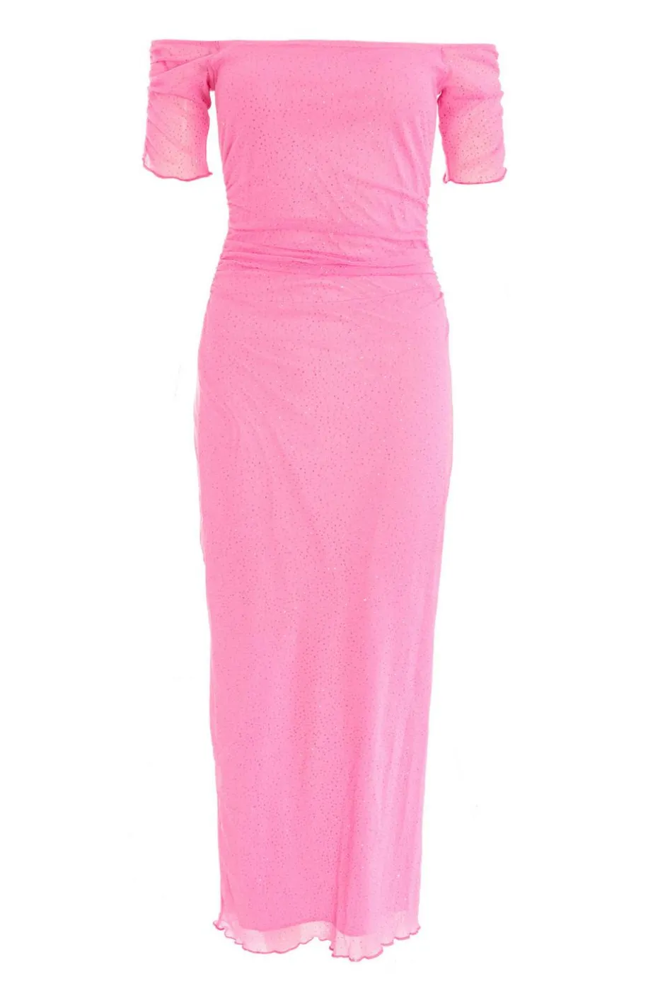 Quiz Pink Glitter Mesh Bardot Midaxi Dress Outlet