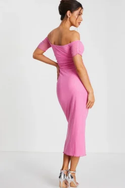 Quiz Pink Glitter Mesh Bardot Midaxi Dress Outlet