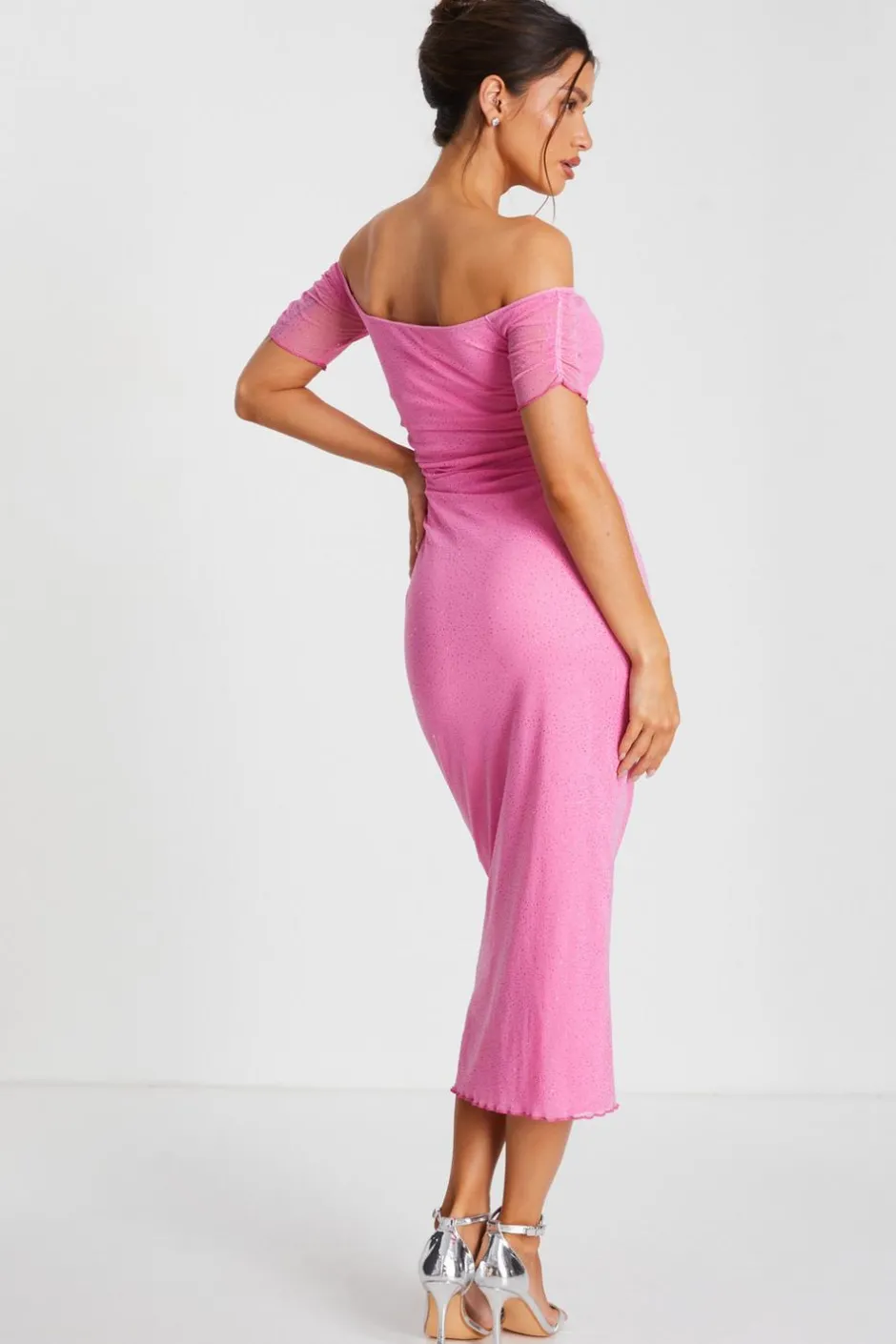 Quiz Pink Glitter Mesh Bardot Midaxi Dress Outlet