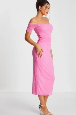 Quiz Pink Glitter Mesh Bardot Midaxi Dress Outlet