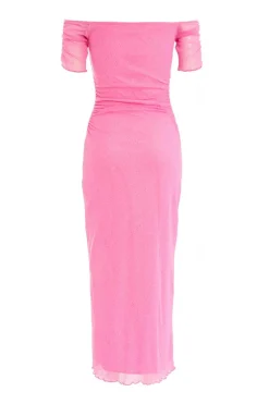 Quiz Pink Glitter Mesh Bardot Midaxi Dress Outlet