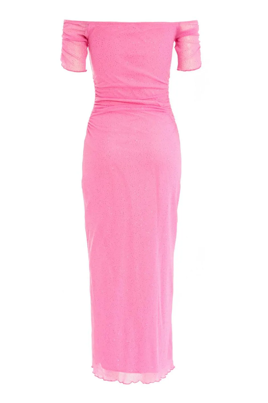Quiz Pink Glitter Mesh Bardot Midaxi Dress Outlet