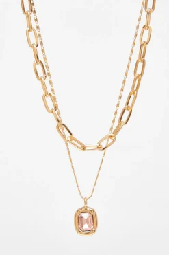 Quiz Jewel Layered Necklace Pink New