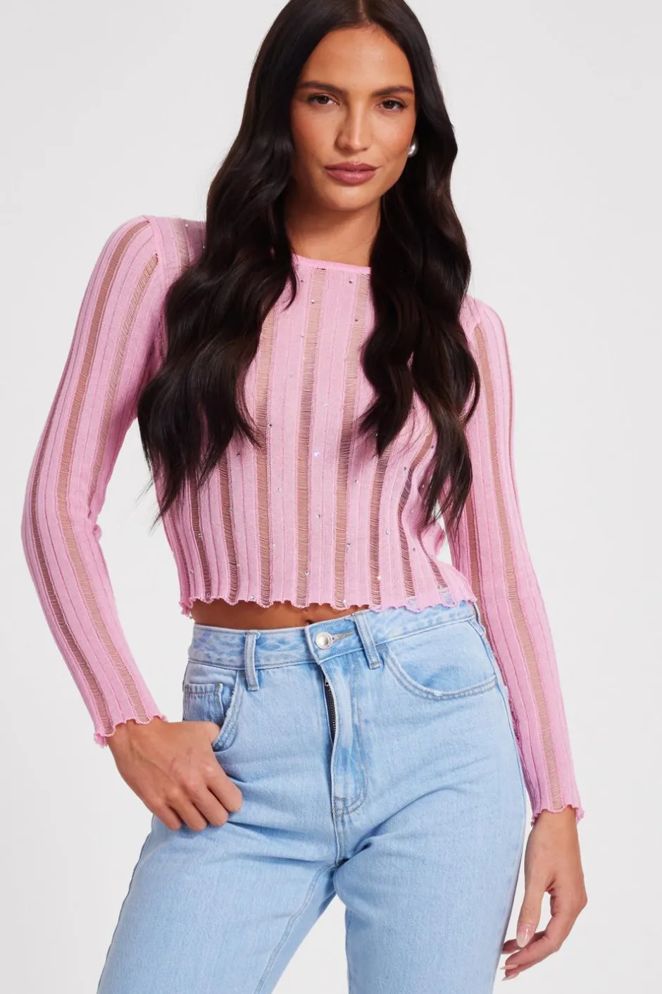 Quiz Knitted Diamante Jumper Pink Clearance
