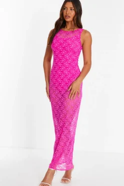 Quiz Pink Lace Mesh Midaxi Dress
