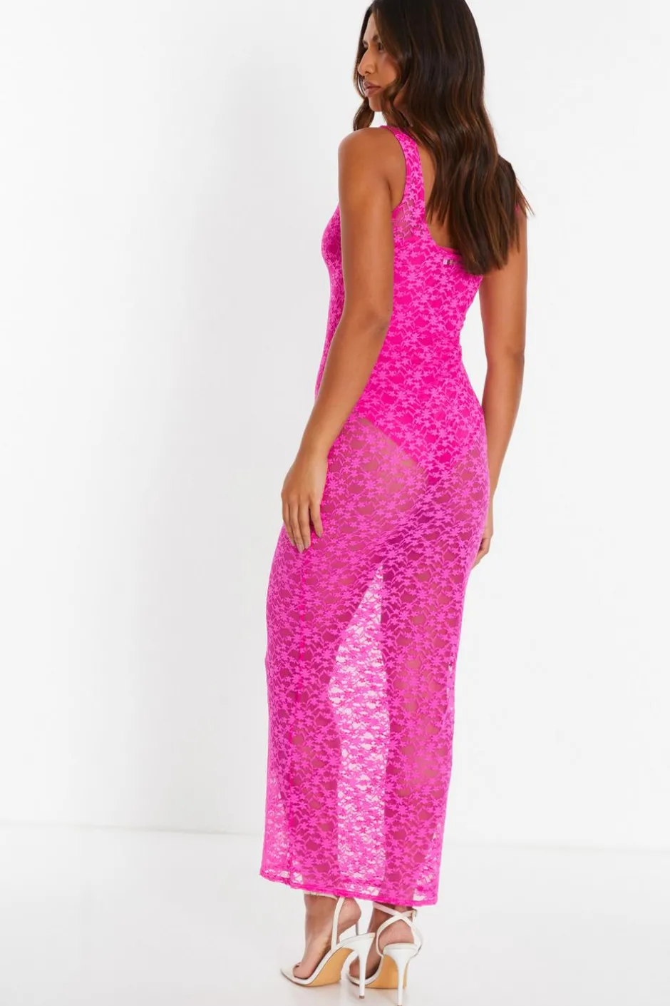 Quiz Pink Lace Mesh Midaxi Dress