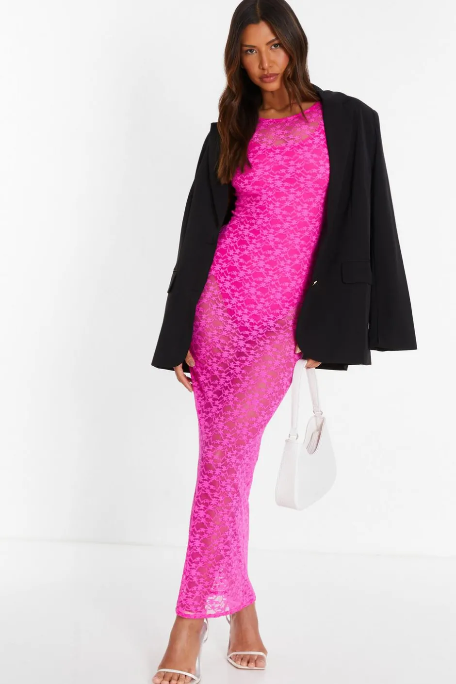Quiz Pink Lace Mesh Midaxi Dress