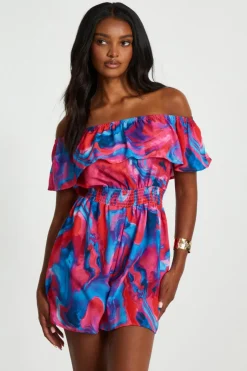 Quiz Pink Marble Print Bardot Playsuit Discount