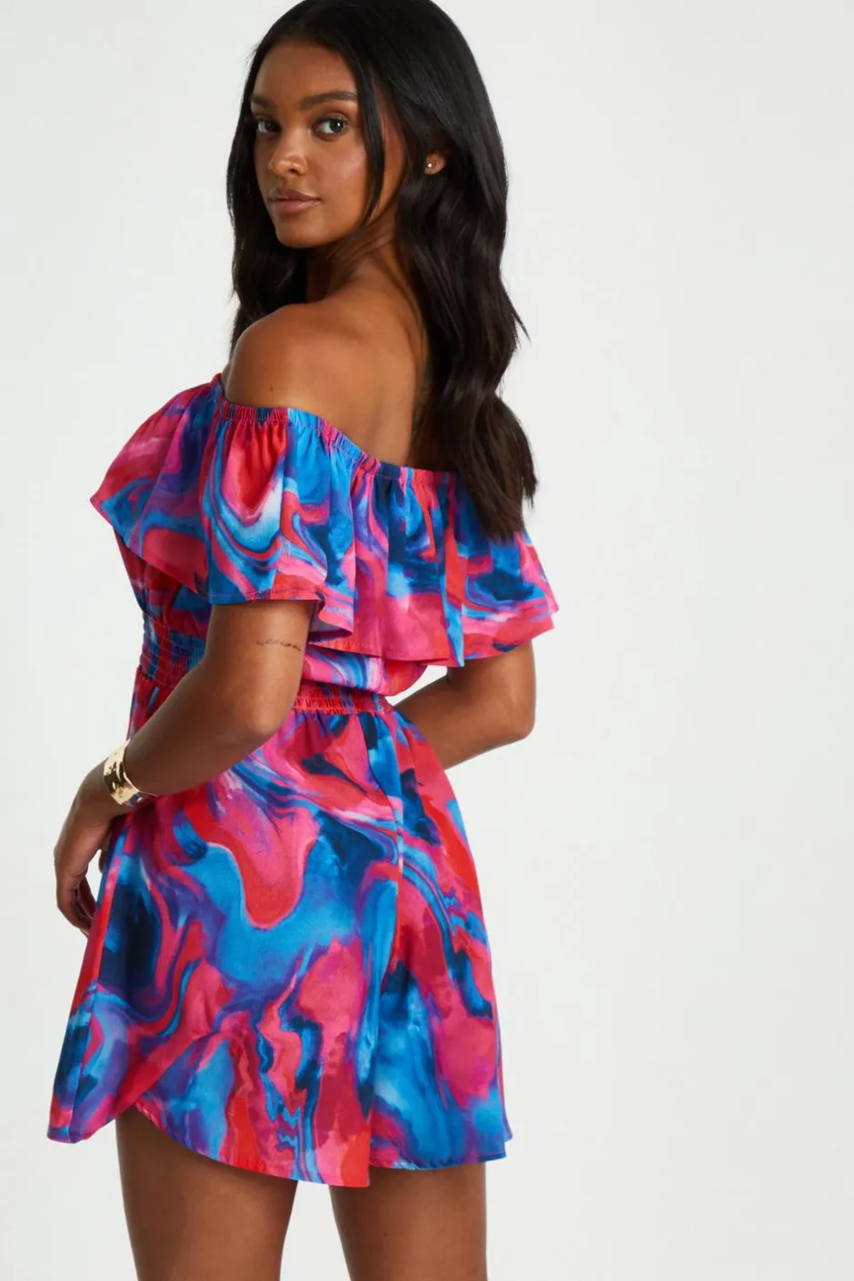 Quiz Pink Marble Print Bardot Playsuit Discount
