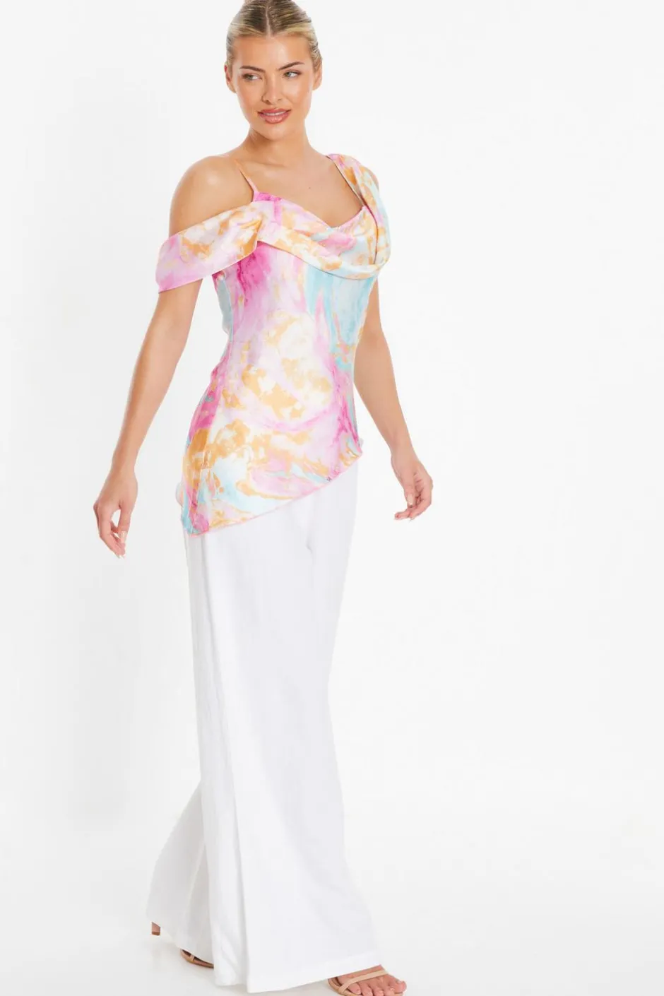 Quiz Pink Marble Print Satin Asymmetric Top Discount