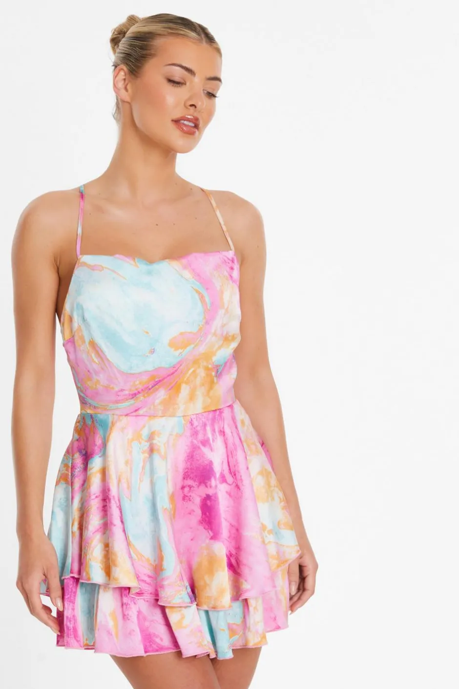 Quiz Pink Marble Print Satin Tiered Playsuit Clearance