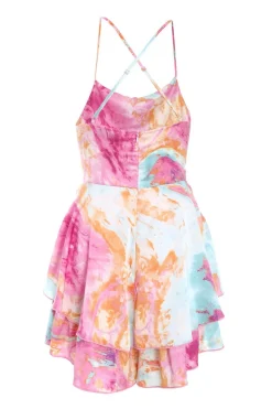 Quiz Pink Marble Print Satin Tiered Playsuit Clearance