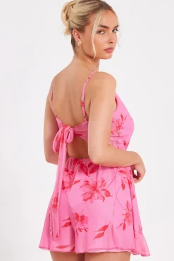 Quiz Pink Mesh Floral Playsuit Online