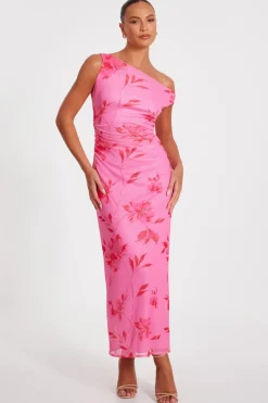 Quiz Pink Mesh Floral Print Midaxi Dress