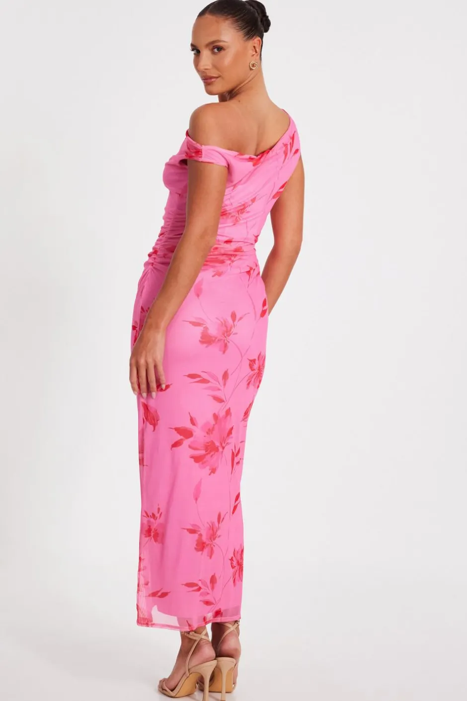 Quiz Pink Mesh Floral Print Midaxi Dress