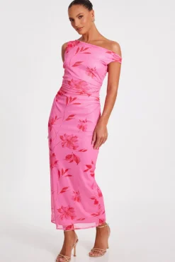 Quiz Pink Mesh Floral Print Midaxi Dress