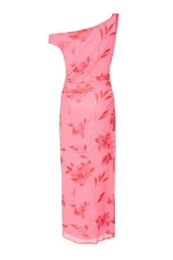 Quiz Pink Mesh Floral Print Midaxi Dress