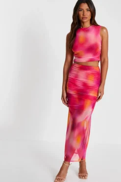 Quiz Pink Mesh Ombre Print Crop Top Clearance