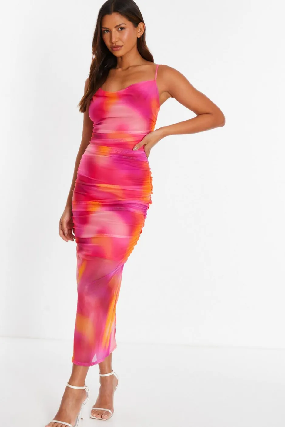 Quiz Pink Print Mesh Cowl Neck Midaxi Dress Discount