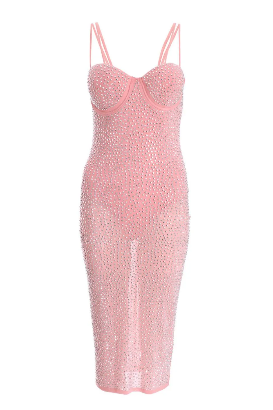 Quiz Rhinestone Bodycon Midi Dress Pink New