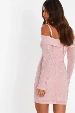 Quiz Pink Rhinestone Cold Shoulder Dress New