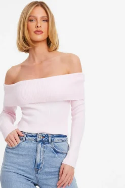 Quiz Pink Ribbed Bardot Jumper Light Pink Online