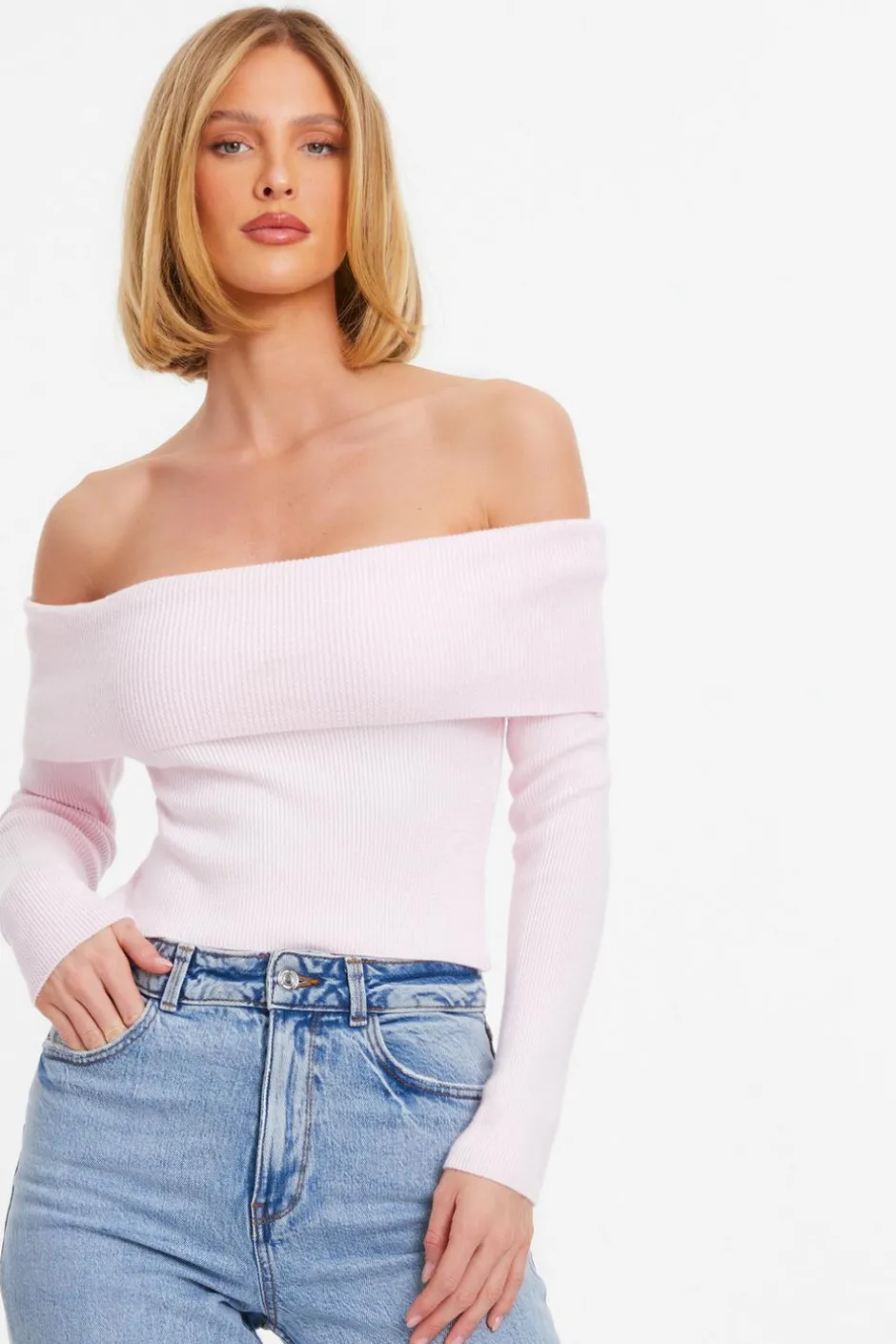 Quiz Pink Ribbed Bardot Jumper Light Pink Online