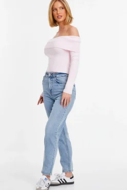 Quiz Pink Ribbed Bardot Jumper Light Pink Online