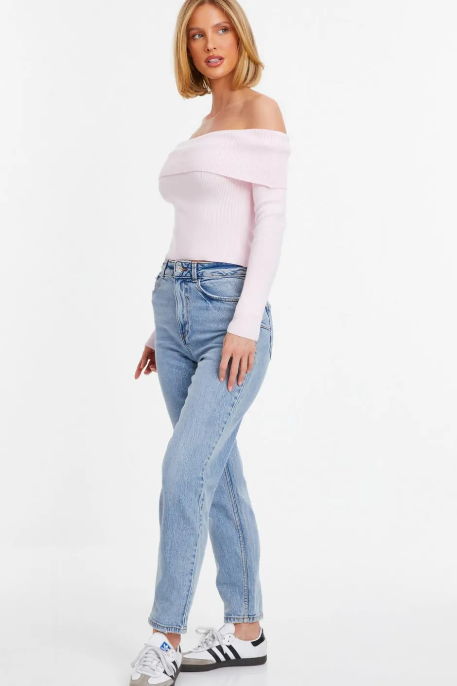 Quiz Pink Ribbed Bardot Jumper Light Pink Online