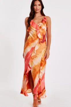 Quiz Pink Ruffle Printed Midaxi Dress Discount