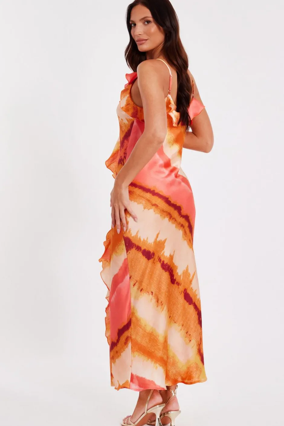 Quiz Pink Ruffle Printed Midaxi Dress Discount