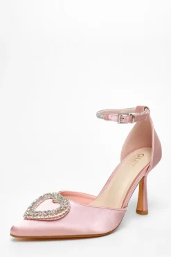 Quiz Pink Satin Diamante Heart Brooch Court Heels Best