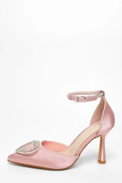 Quiz Pink Satin Diamante Heart Brooch Court Heels Best
