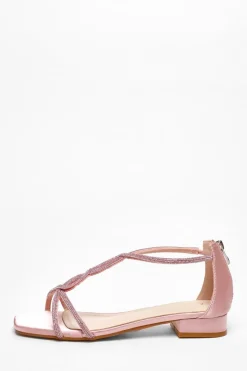 Quiz Satin Diamante T-Strap Flat Sandals Pink Clearance