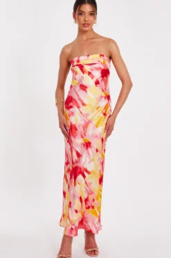 Quiz Pink Satin Floral Smudge Maxi Dress Sale