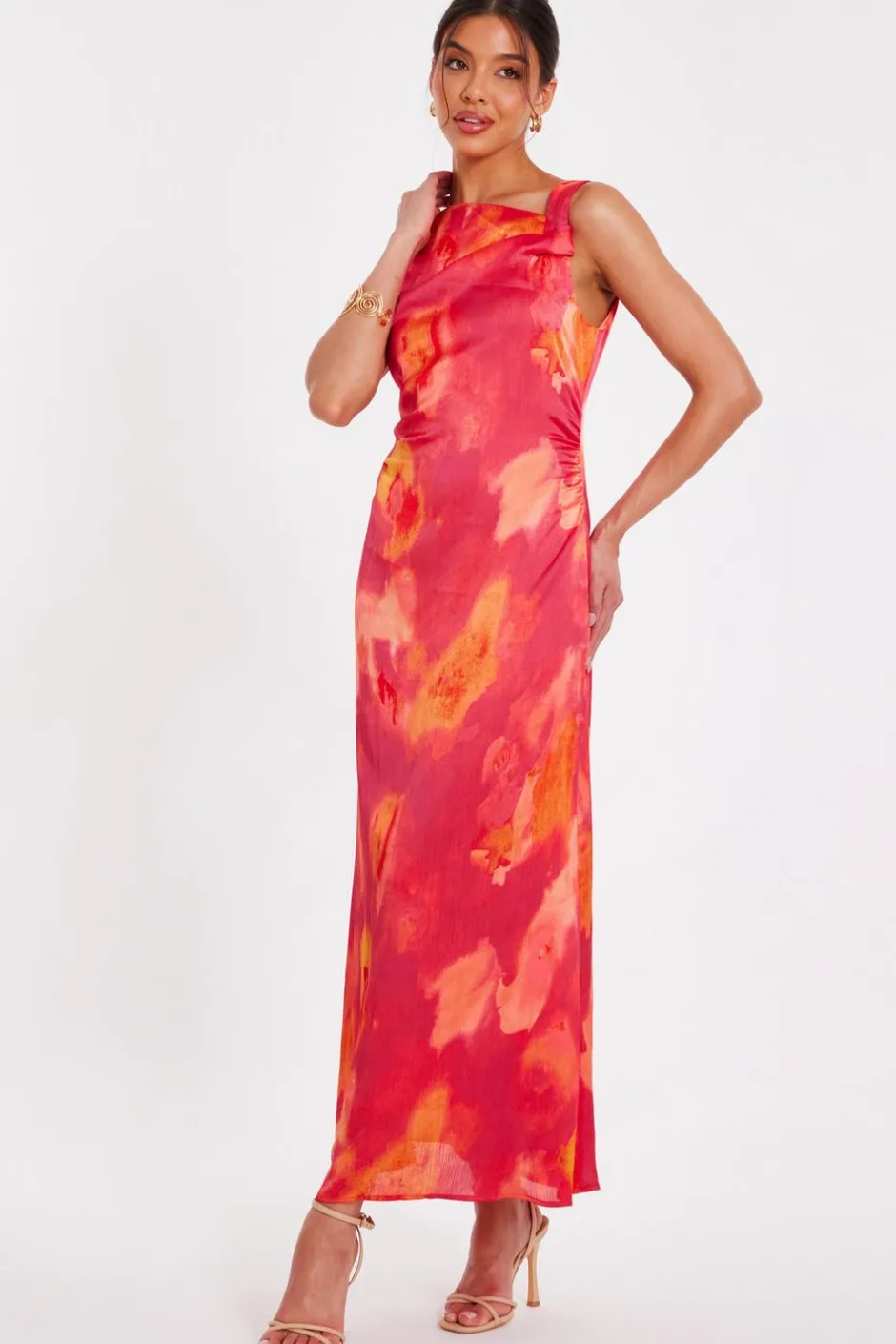Quiz Pink Satin Marble Midaxi Dress New
