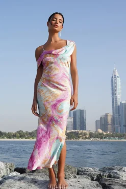 Quiz Pink Satin Marble Print Midaxi Dress Online