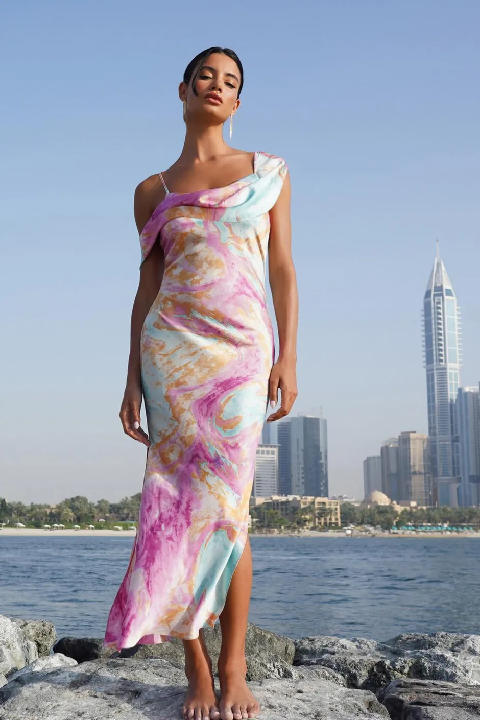 Quiz Pink Satin Marble Print Midaxi Dress Online