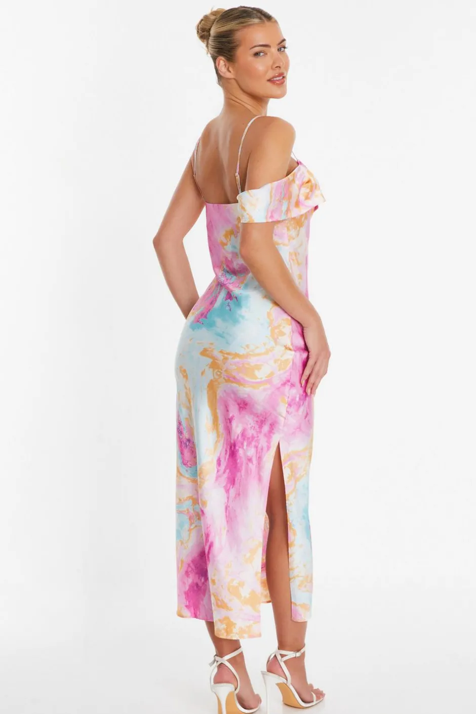 Quiz Pink Satin Marble Print Midaxi Dress Online