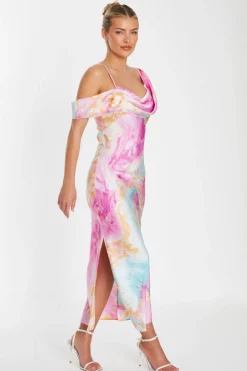Quiz Pink Satin Marble Print Midaxi Dress Online