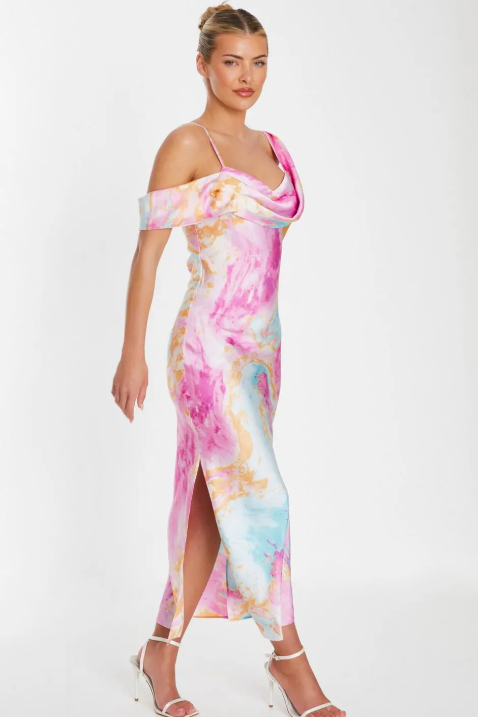 Quiz Pink Satin Marble Print Midaxi Dress Online