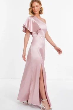 Quiz Satin One Shoulder Maxi Dress Pink Sale