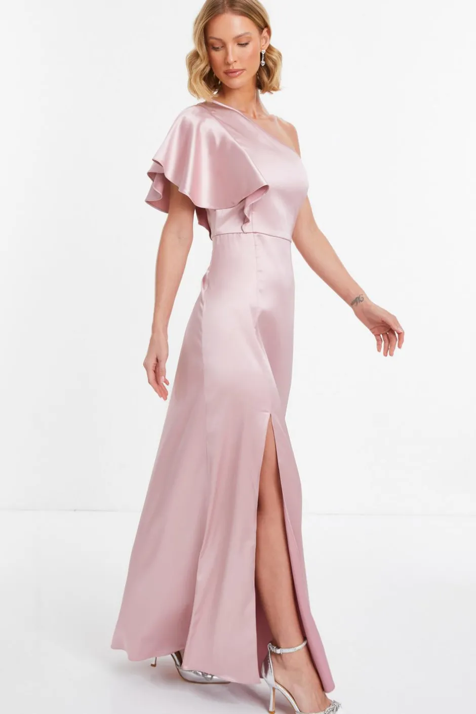 Quiz Satin One Shoulder Maxi Dress Pink Sale